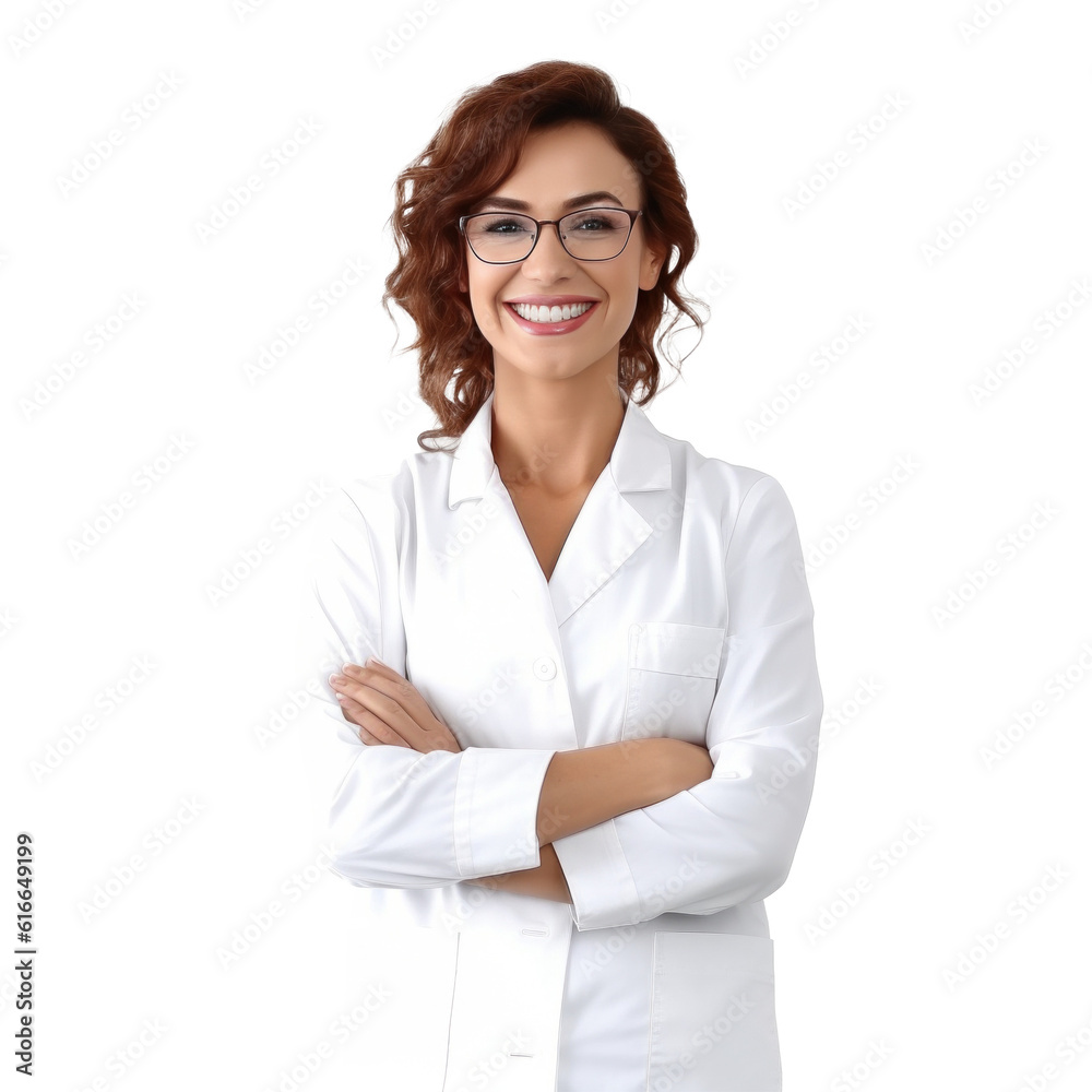 Photo of attractive doctor lady friendly smiling arms crossed. Illustration AI Generative.