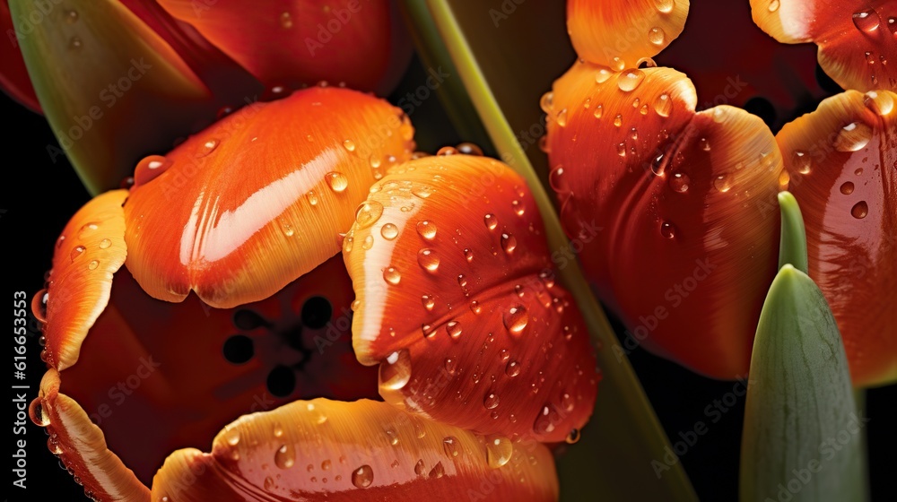 Orange Tulips flowers with water drops background. Closeup of blossom with glistening droplets. Gene