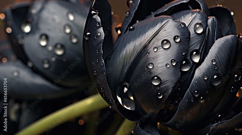 Black Tulips flowers with water drops background. Closeup of blossom with glistening droplets. Gener