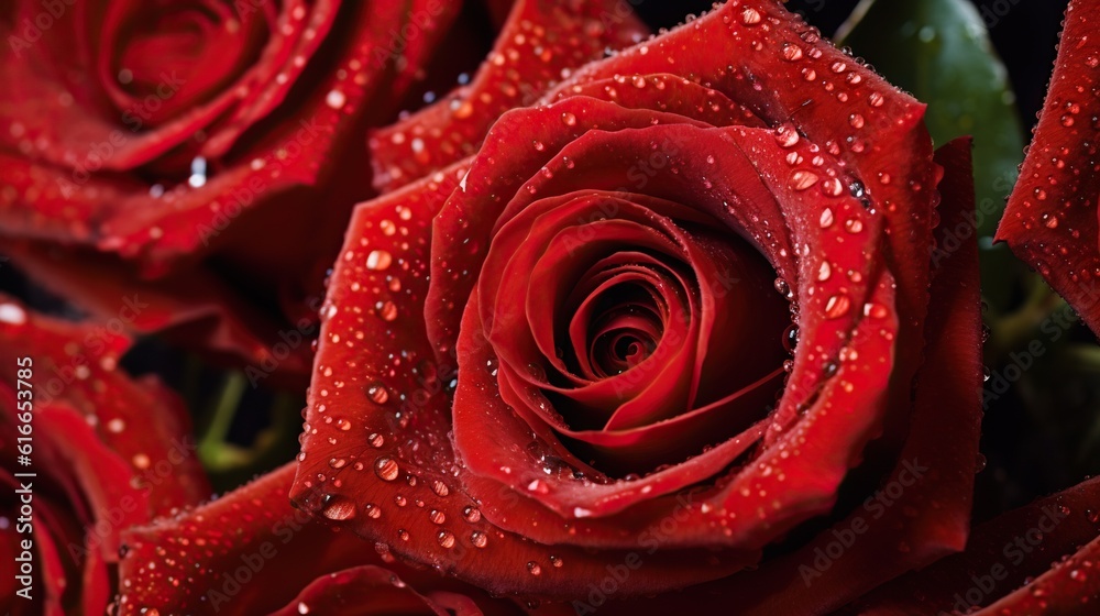 Red Roses flowers with water drops background. Closeup of blossom with glistening droplets. Generati