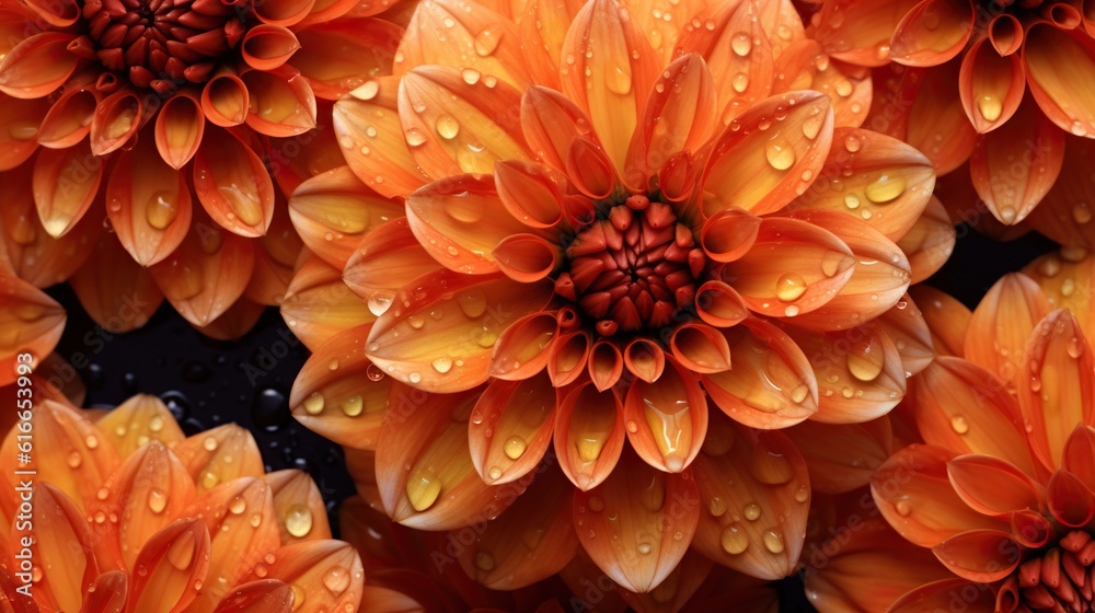 Orange Dahlia flowers with water drops background. Closeup of delicate blossom with glistening dropl