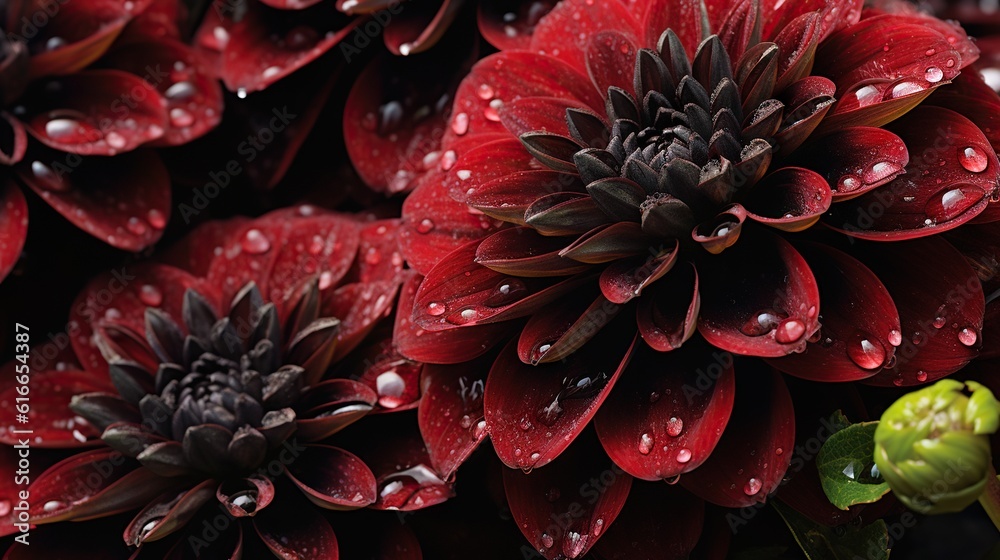 Black and red Dahlia flowers with water drops background. Closeup of blossom with glistening droplet