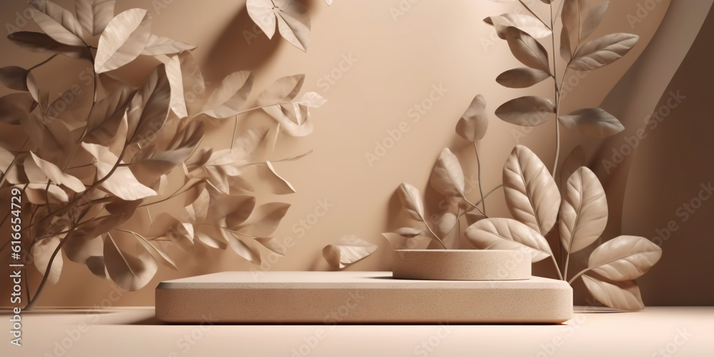 Beige podium for product display presentation. Sandstone and sandy colored plants. Generative AI