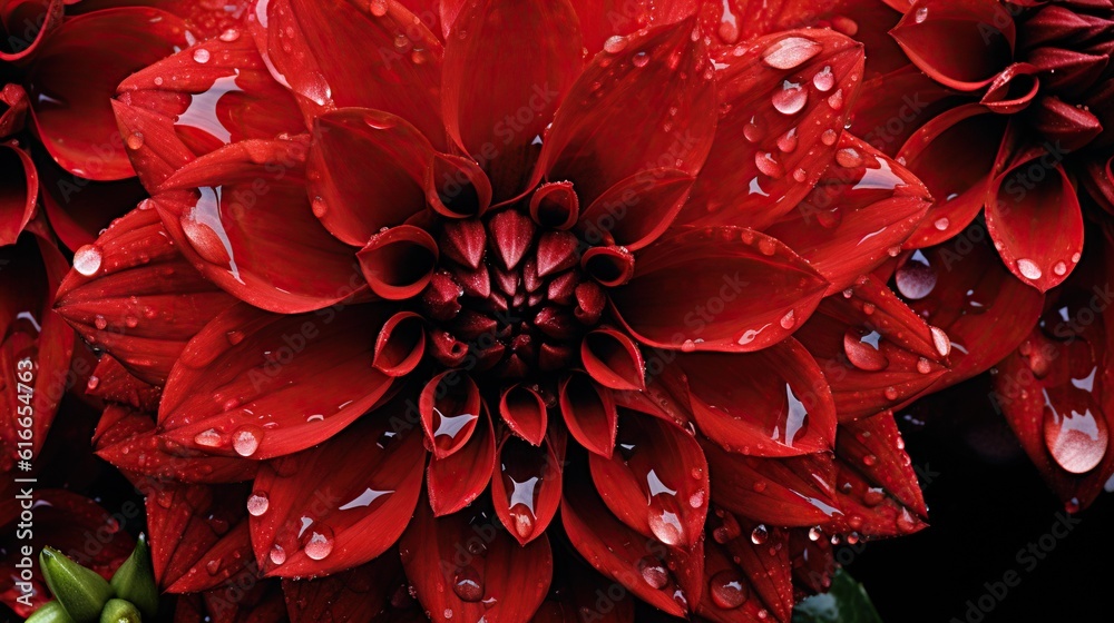 Red Dahlia flowers with water drops background. Closeup of delicate blossom with glistening droplets