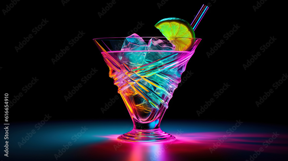 Glass of cocktail in hypnotic neon light. Colorful rave party drink. Generative AI