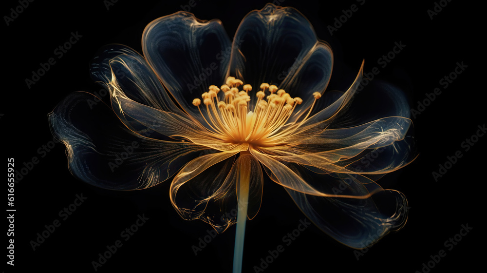 Golden x-ray image of a ethereal flower on black. Fantasy mystical blossom. Generative AI