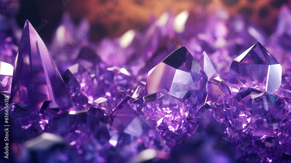 Amazing bright and shiny Amethyst crystal cluster background. Jewel mineral detailed macro. Generati