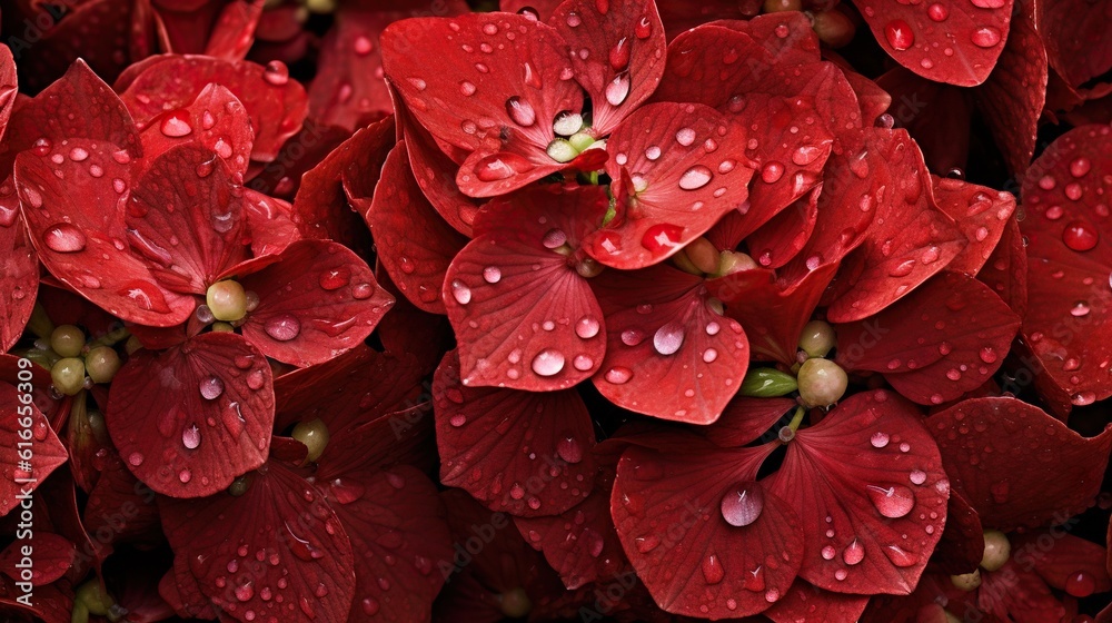 Red Hydrangeas flowers with water drops background. Closeup of blossom with glistening droplets. Gen