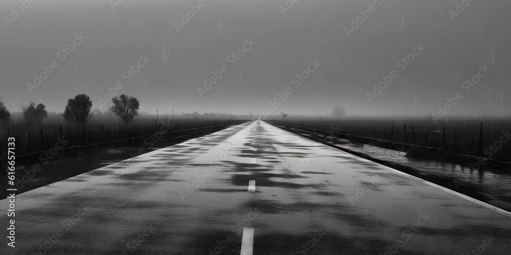 Minimalistic wet road and rain. Wet empty highway. Generative AI