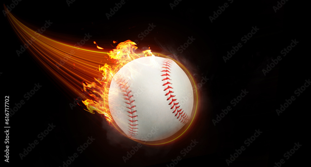 Baseball ball fly with magic effect swiftly in black background orange flame.