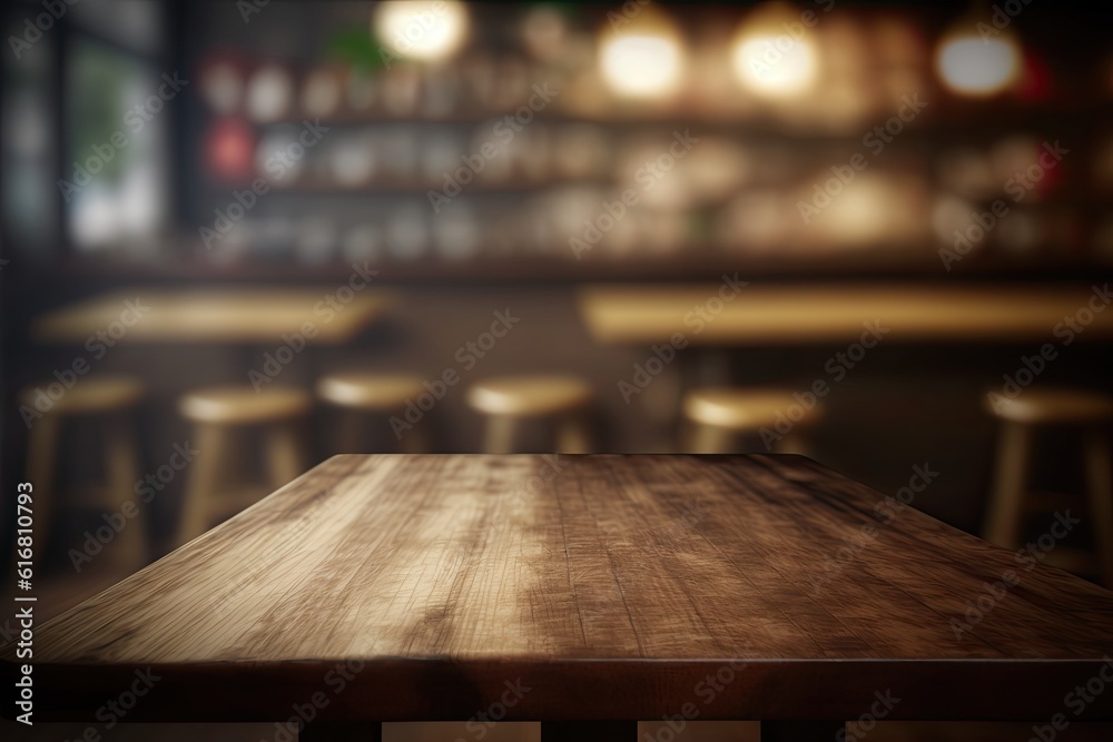 rustic wooden table in a cozy restaurant setting. Generative AI