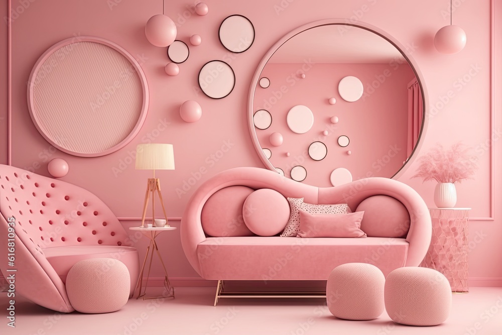 modern living room with pink walls and furniture. Generative AI