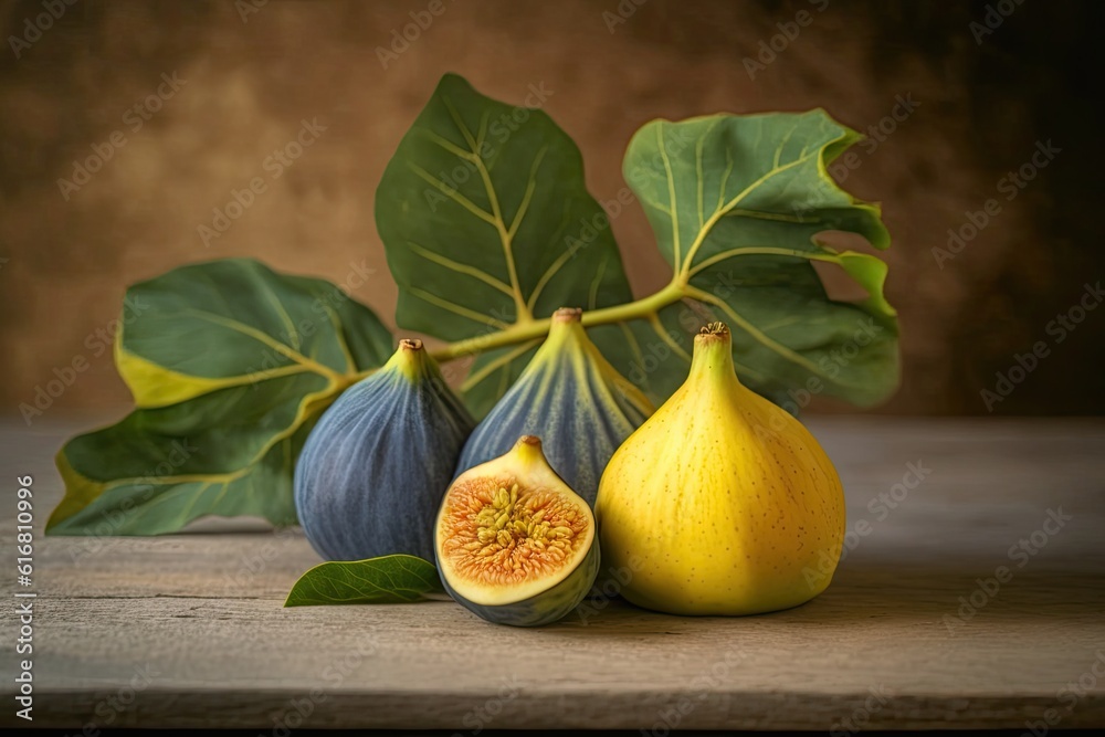 fresh figs and leaves arranged on a wooden table against a brown background. Generative AI