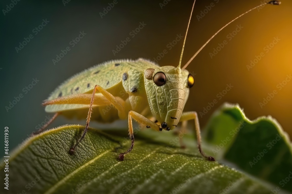 grasshopper perched on a green leaf in nature. Generative AI