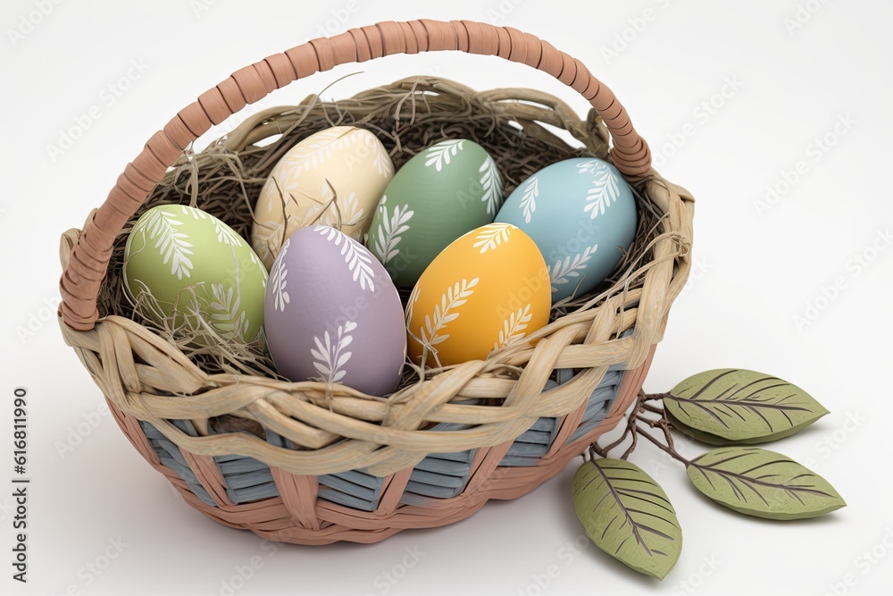 festive Easter basket filled with colorful eggs on a tabletop. Generative AI