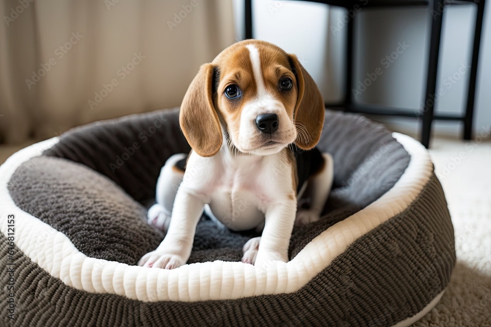 adorable puppy comfortably resting in a cozy dog bed. Generative AI