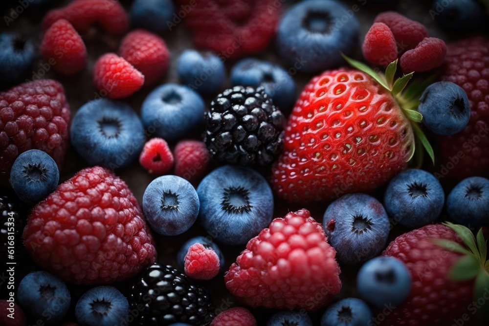 Close-Up View of Juicy Berries and Blueberries. Generative AI