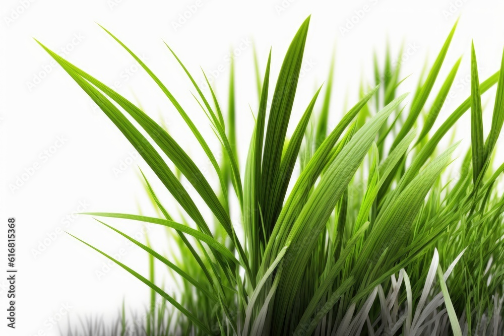 detailed close-up of a green grass plant isolated on a white background. Generative AI