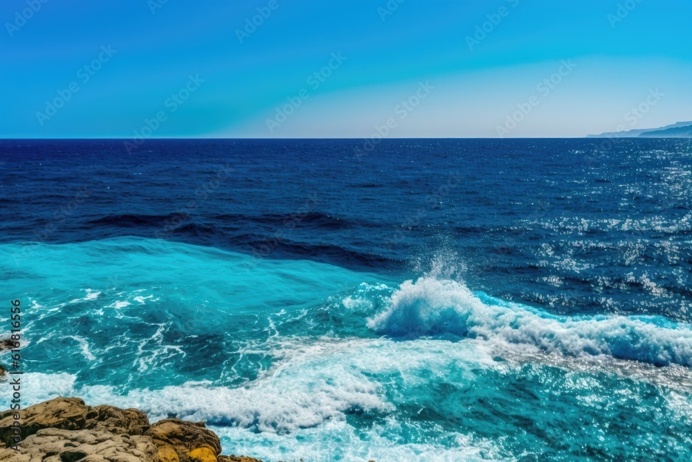 serene beach with rocks on the shore and clear blue water. Generative AI