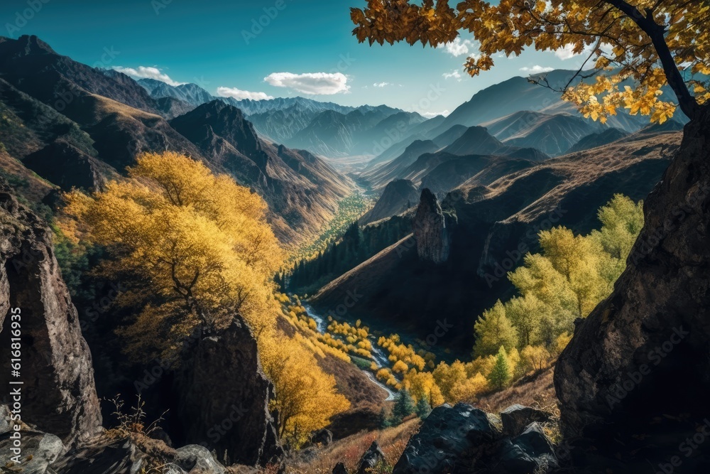 picturesque valley with majestic mountains in the distance. Generative AI