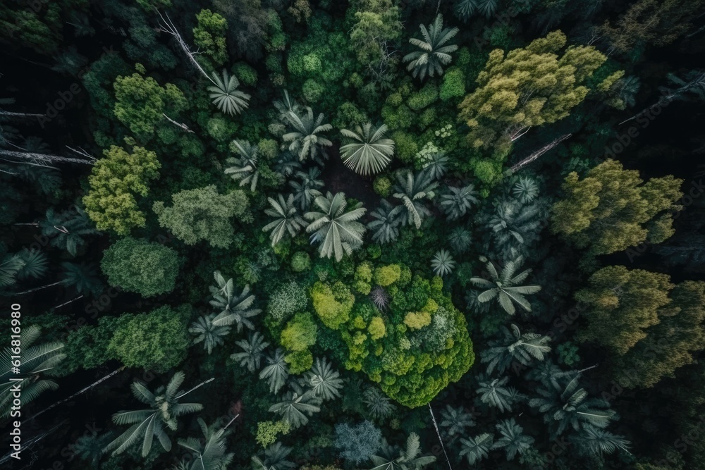 aerial view of a dense forest with a canopy of trees. Generative AI