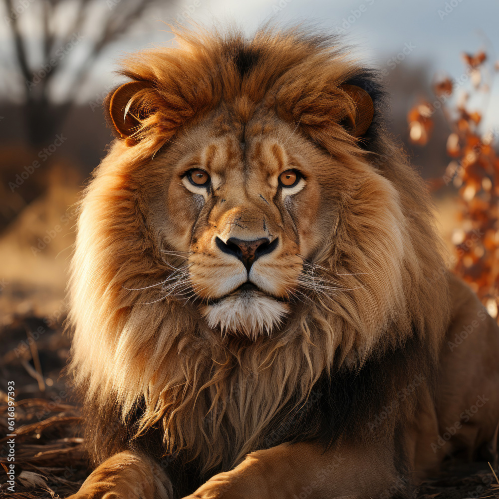 A majestic lion (Panthera leo) roaming the grassland with a commanding presence. Taken with a profes