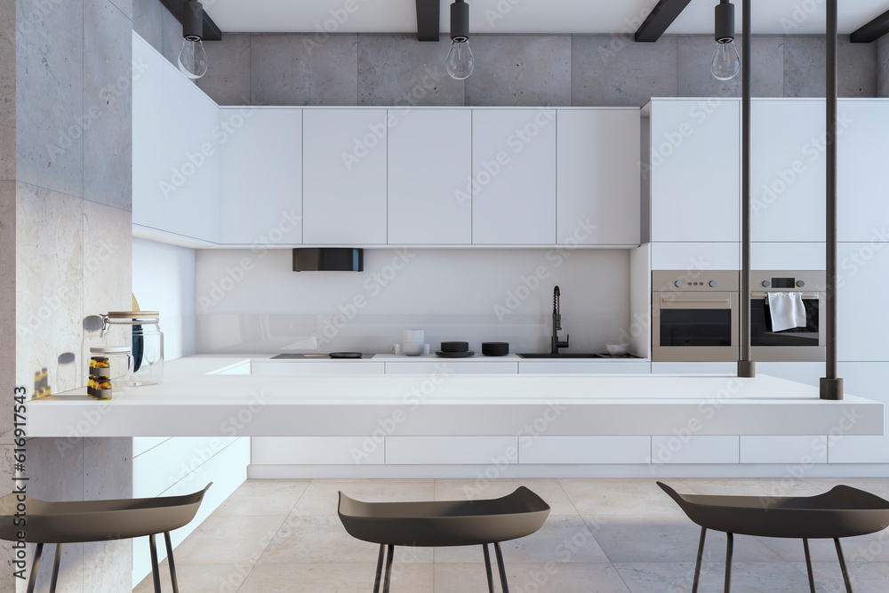 Bright loft tile kitchen interior. 3D Rendering.