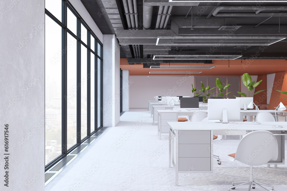 Clean coworking office interior with panoramic window and city view, equipment and furniture. 3D Ren