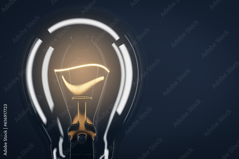 Creative glass light bulb with reflections and mock up place on dark wallpaper. Idea, success and in