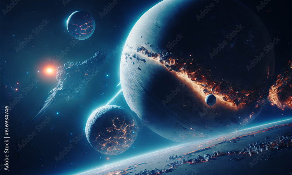 Space planets background. Distant planetscape in cosmos with exoplanets. Concept art Generative ai