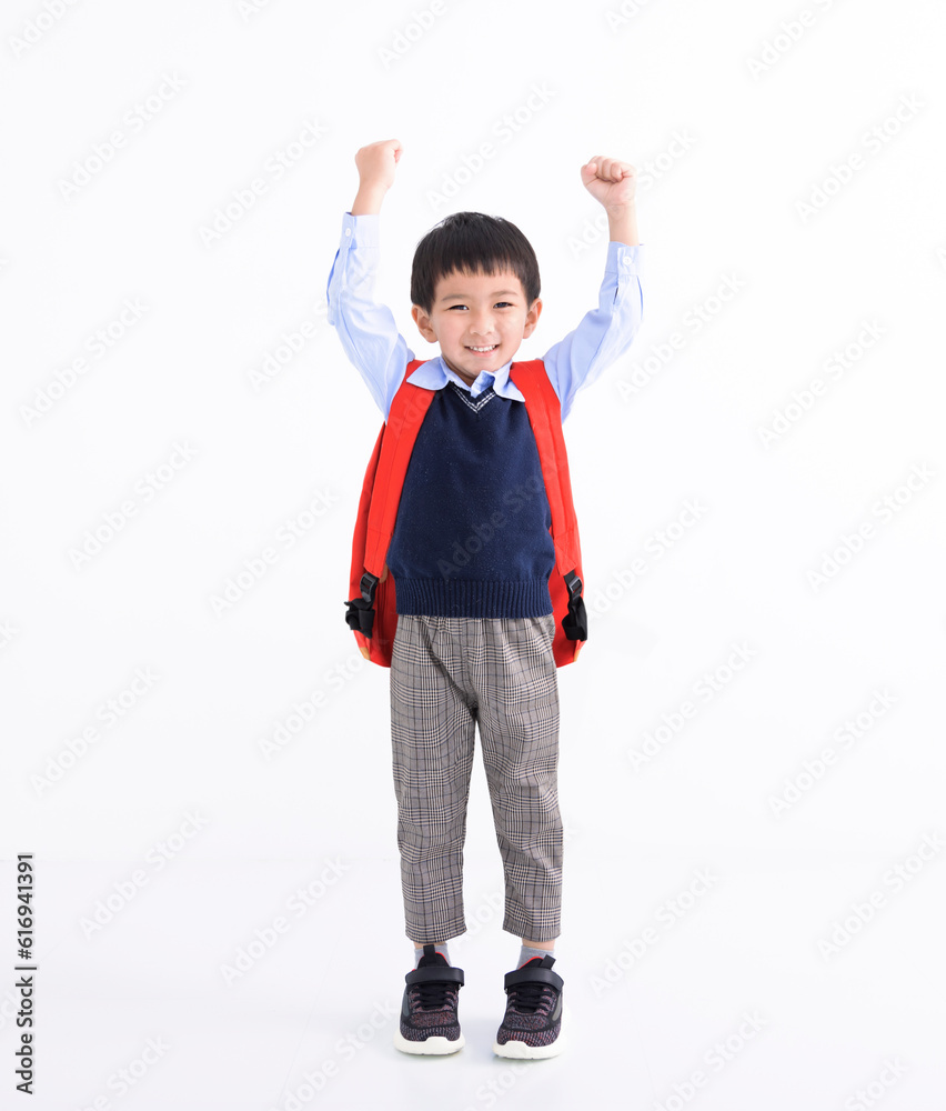 Adorable asian kid  wearing student backpack  isolated on white