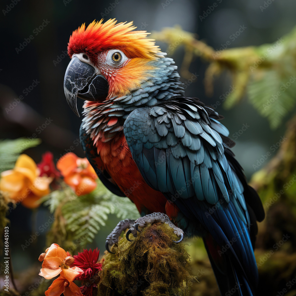 An exotic parrot (Psittacidae) perched among the dense foliage of the rainforest.