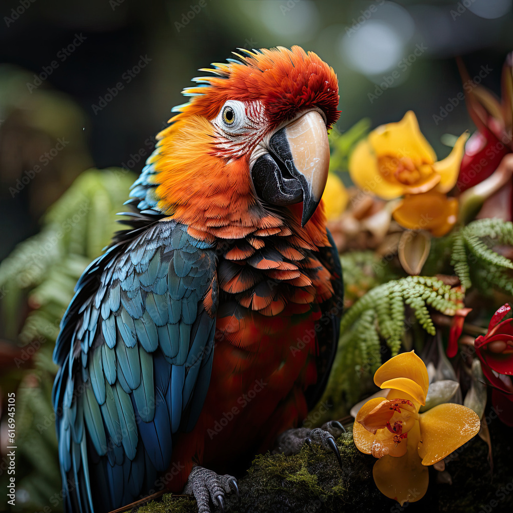 An exotic parrot (Psittacidae) perched among the dense foliage of the rainforest.