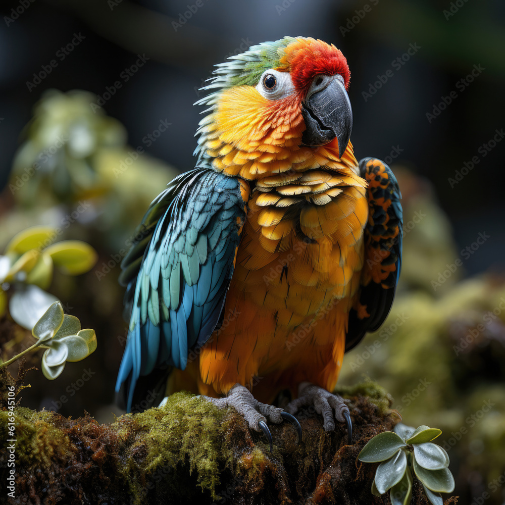 An exotic parrot (Psittacidae) perched among the dense foliage of the rainforest.