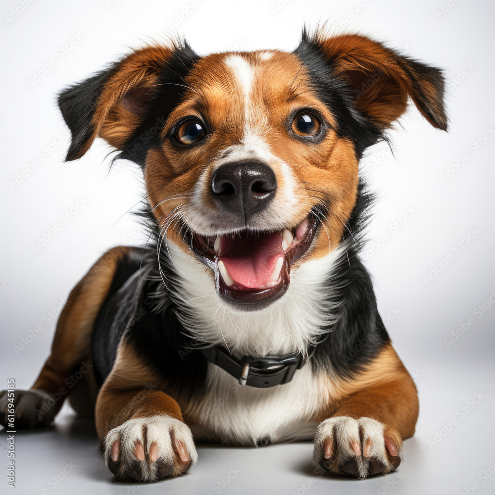 A cheerful Jack Russell puppy (Canis lupus familiaris) happily playing with a toy.