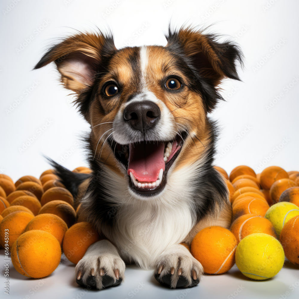 A cheerful Jack Russell puppy (Canis lupus familiaris) happily playing with a toy.