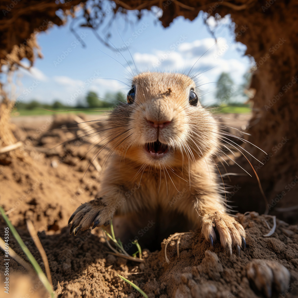 A playful prairie dog (Cynomys) popping out of its burrow in the grassland. Taken with a professiona