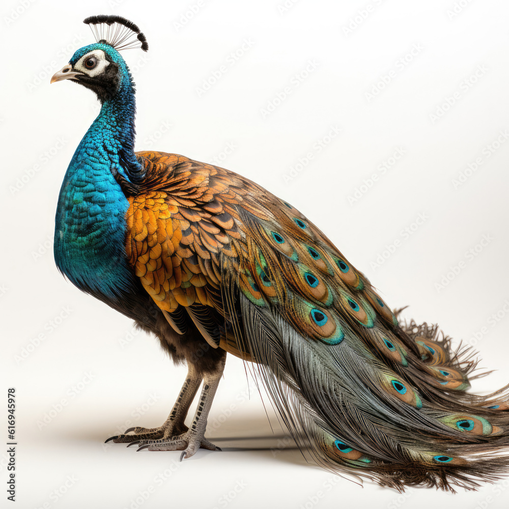 A young Peacock (Pavo cristatus) with short tail feathers.