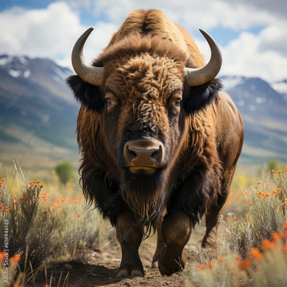 A majestic bison (Bison bison) roaming the grassland with an imposing presence. Taken with a profess