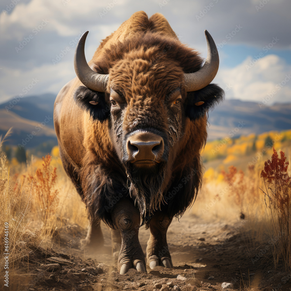 A majestic bison (Bison bison) roaming the grassland with an imposing presence. Taken with a profess