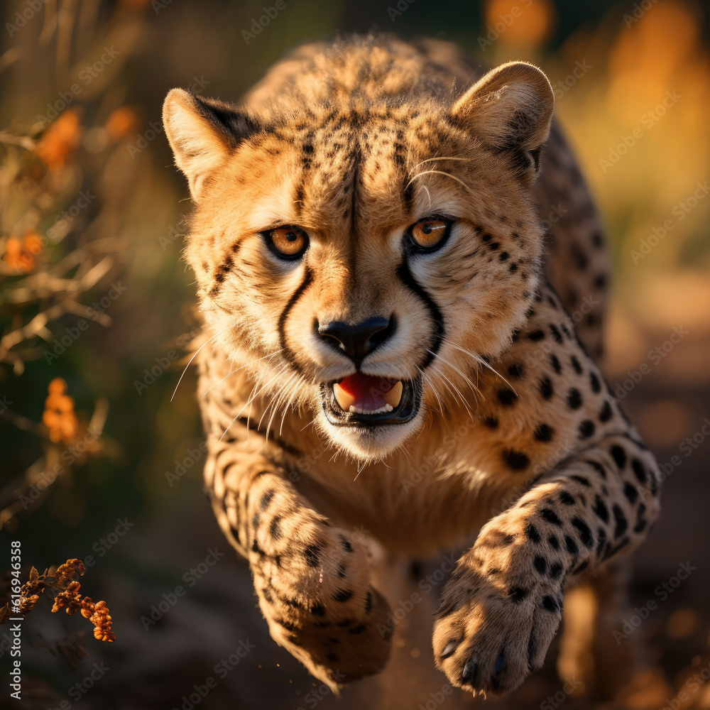 A graceful cheetah (Acinonyx jubatus) sprinting across the open grassland with incredible speed. Tak