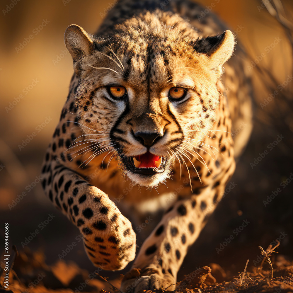 A graceful cheetah (Acinonyx jubatus) sprinting across the open grassland with incredible speed. Tak