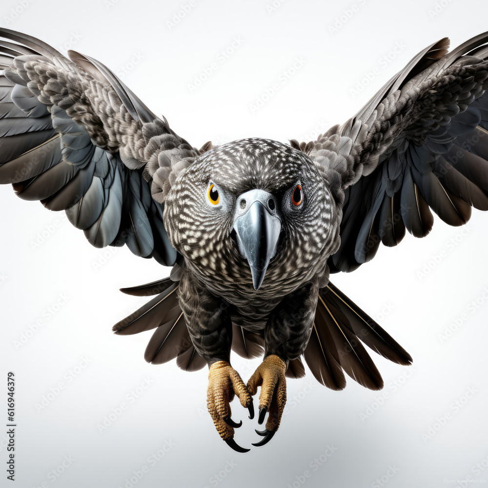 A fledgling African Grey Parrot (Psittacus erithacus) learning to fly.