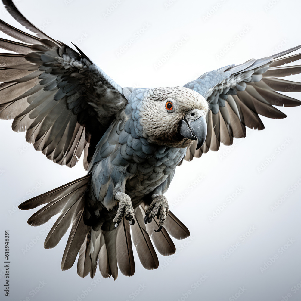 A fledgling African Grey Parrot (Psittacus erithacus) learning to fly.