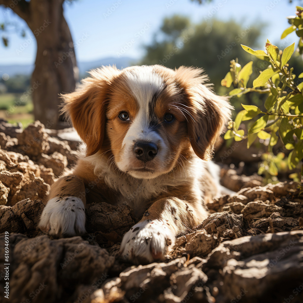 A contented puppy (Canis lupus familiaris) resting under the shade of ancient olive trees in a seren