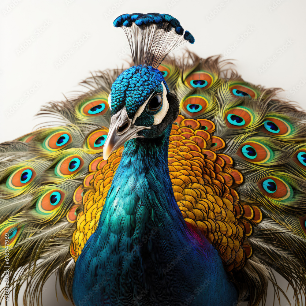 A mesmerizing closeup shot of a Peacock (Pavo cristatus) displaying its beautiful feathers and intri