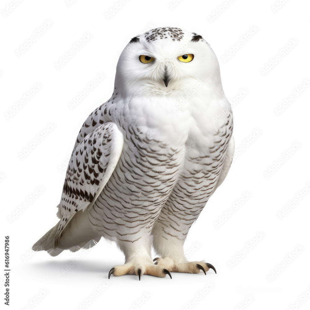 A glistening Snowy Owl (Bubo scandiacus) in a poised stance.