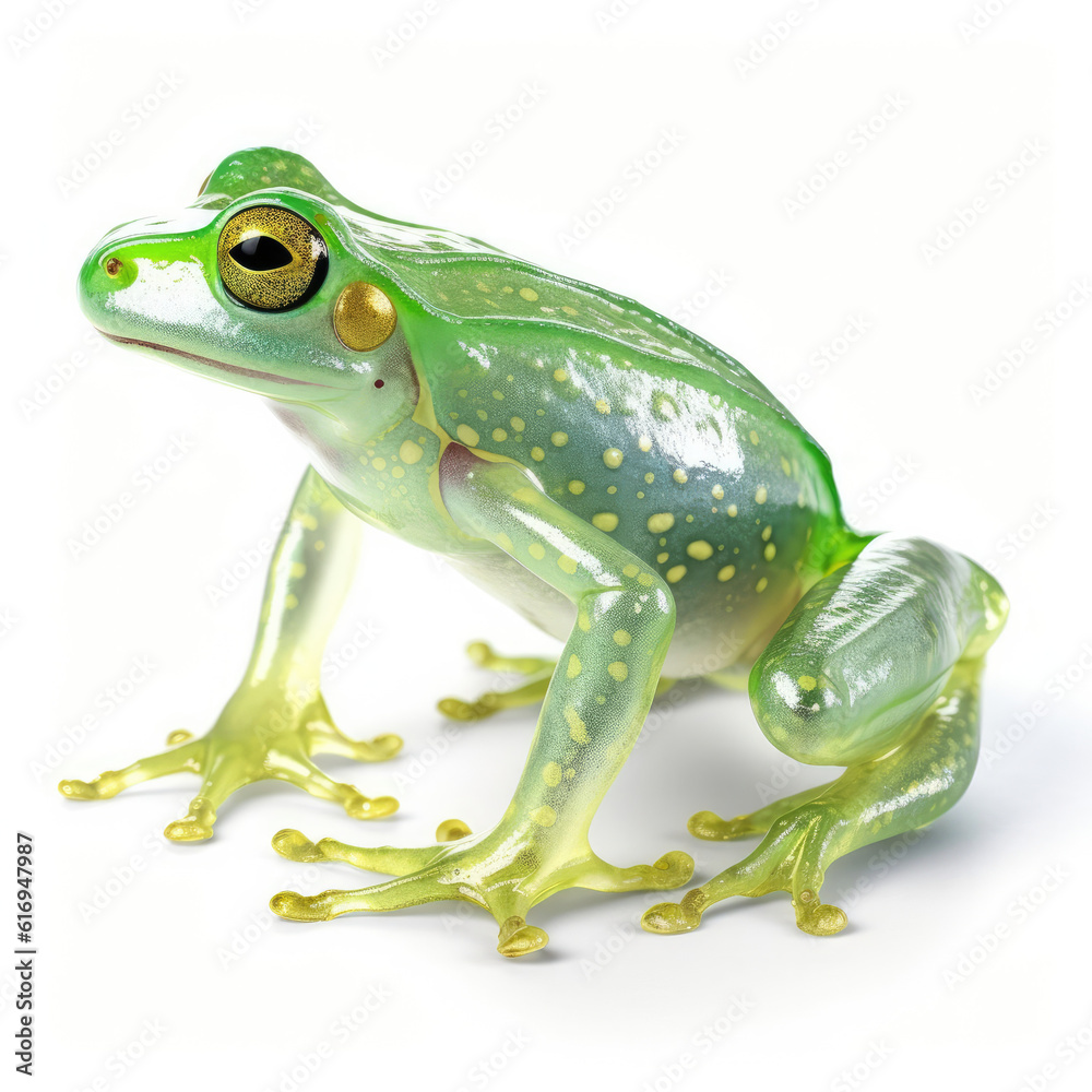 A glossy Glass Frog (Centrolenidae) in a reflective pose.