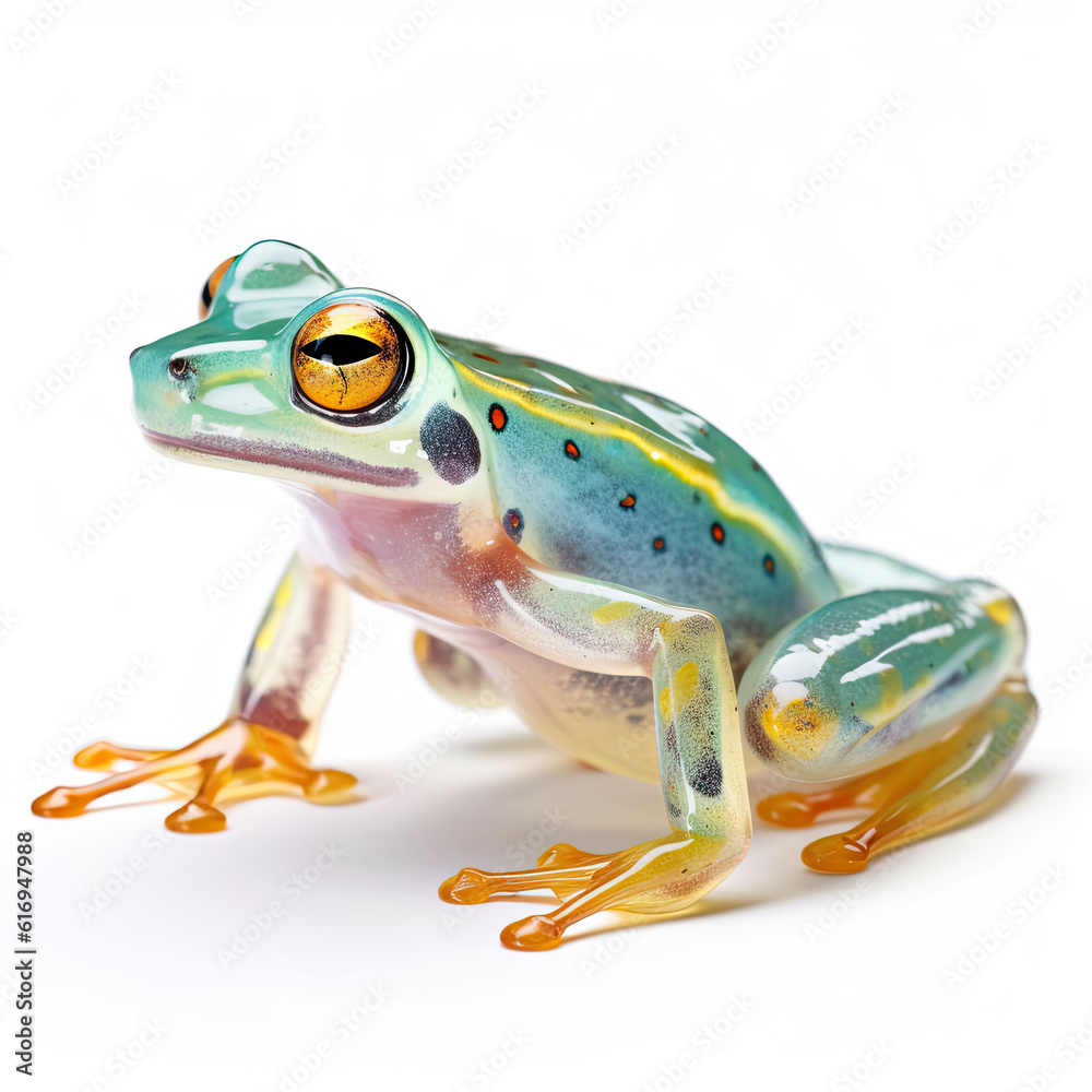 A glossy Glass Frog (Centrolenidae) in a reflective pose.