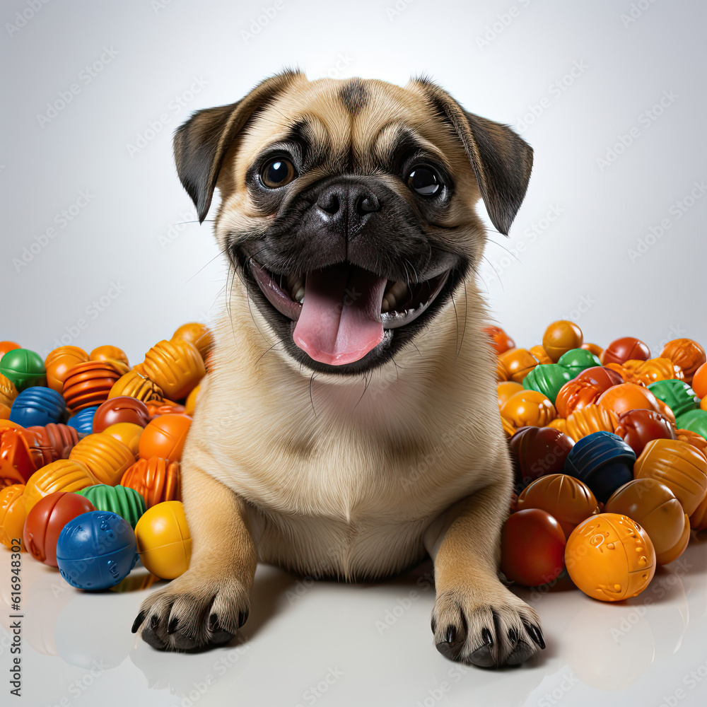 A cheerful Pug puppy (Canis lupus familiaris) happily playing with a toy.